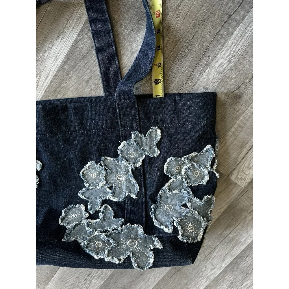 Michael Kors Denim Floral Appliqué Tote Bag Large Blue MK Shoulder Bag***RARE***